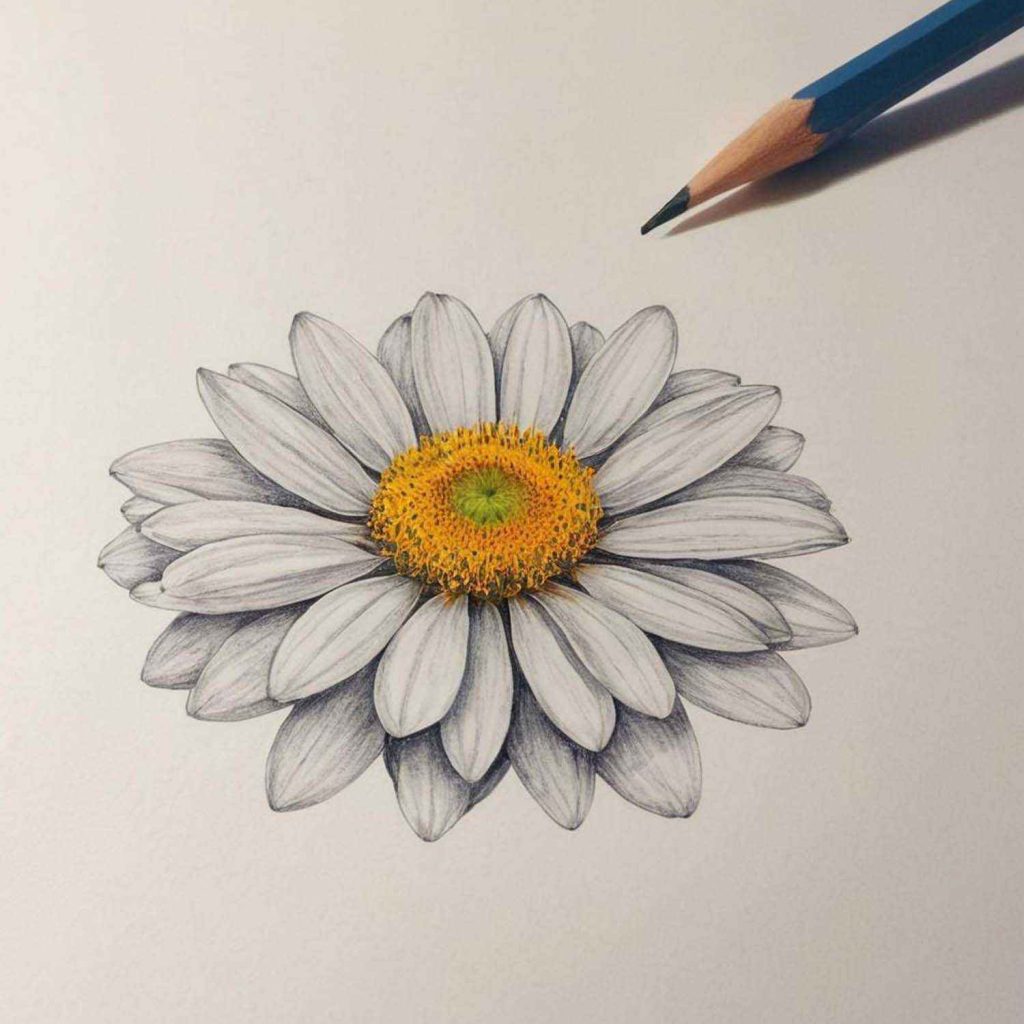 A pencil sketch of a daisy, showcasing delicate petals and a vibrant center, created with artistic precision.