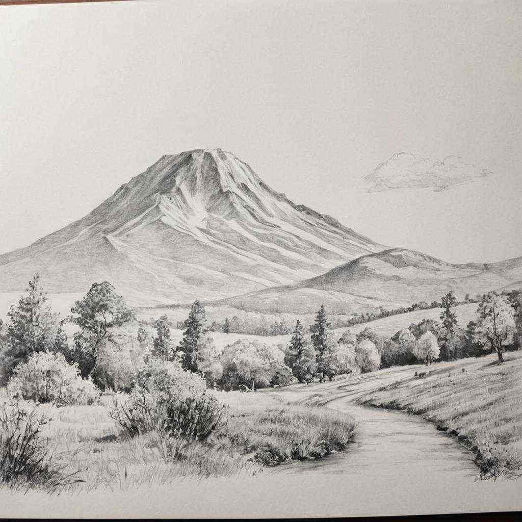 Un dibujo a lápiz de un paisaje montañoso con árboles y un camino serpenteante.