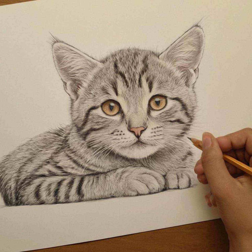 Una persona usando un lápiz para dibujar un gato en una hoja de papel
