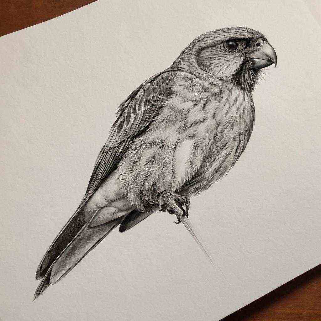 Dibujo de un pájaro en una rama de árbol, mirando a lo lejos