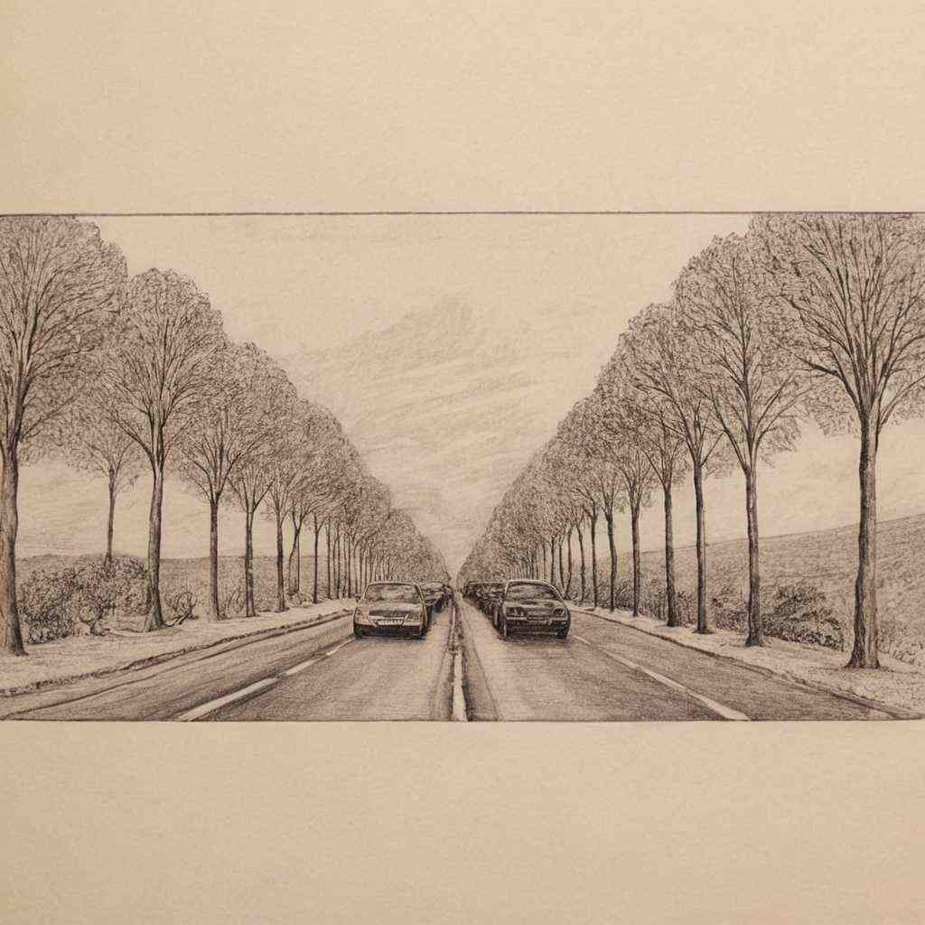 Drawing of a tree-lined road with cars traveling on it.