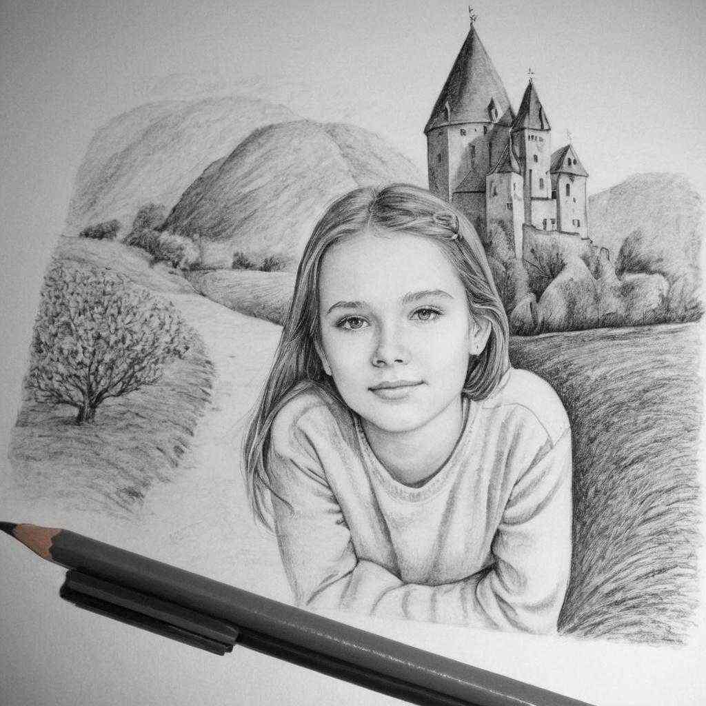 Un dibujo a lápiz de una niña parada frente a un majestuoso castillo, mostrando su admiración por su grandeza y belleza.