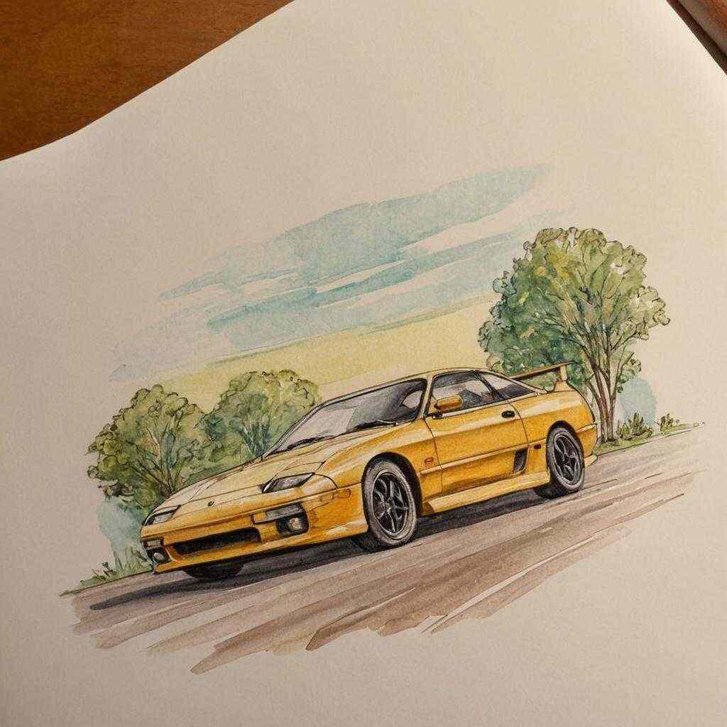 Un boceto de un coche deportivo amarillo en papel.