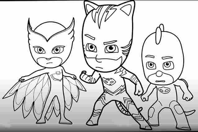 Páginas para colorear con personajes de PJ Masks, incluidos Catboy, Owlette y Gekko, listas para que los niños las coloreen.