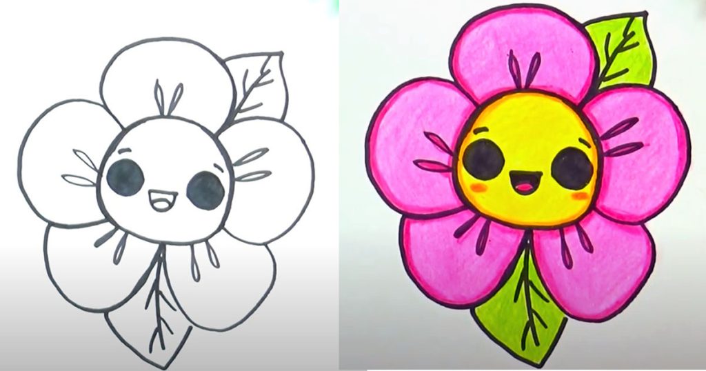 Dibujo de una flor con una carita feliz, sencilla y bonita.