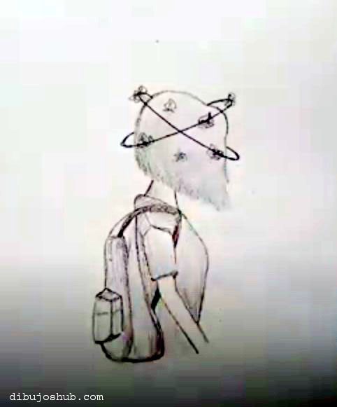 Drawing of a person wearing a backpack and a hat.