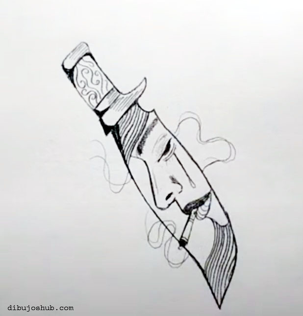 Un boceto de un personaje de cuchillo con una expresión feliz.