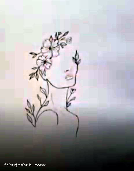 Una mujer con flores en el pelo en un dibujo.