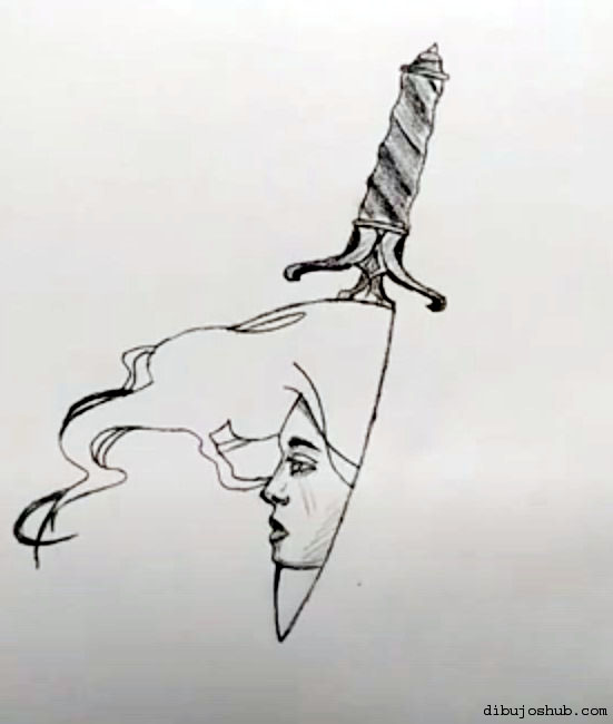 Una mujer sosteniendo una espada en un dibujo.