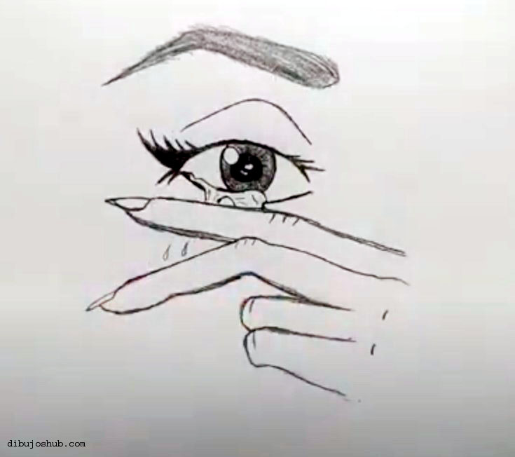 Un dibujo detallado del ojo de una mujer con un dedo tocándolo suavemente.