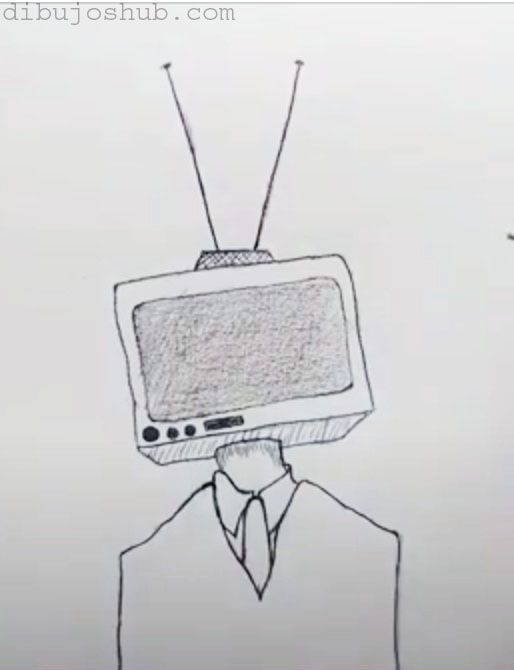 Un hombre con corbata parado junto a un televisor en un dibujo.