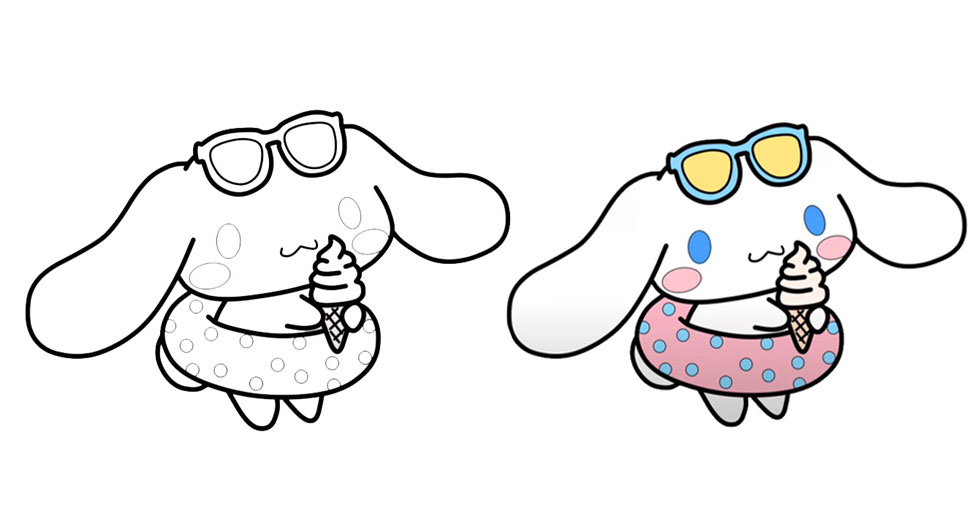 Página para colorear de dos animales de dibujos animados con gafas de sol y helado.