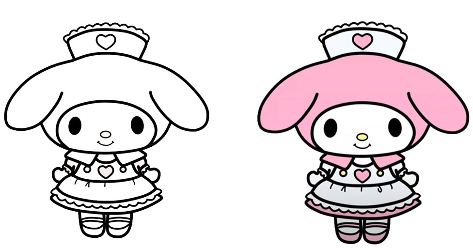 Dos personajes de dibujos animados en rosa y blanco en una página para colorear.