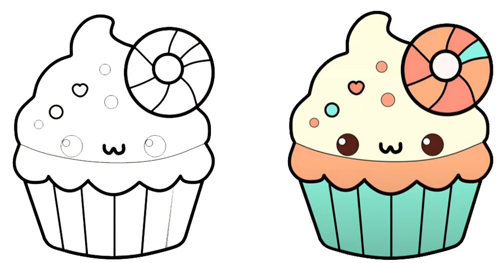 Un tutorial de dibujo de cupcakes presentado como una página para colorear, diseñado para atraer e inspirar la expresión artística.
