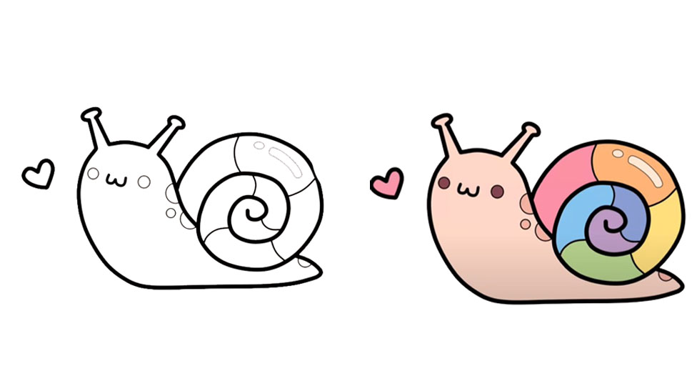 Tutorial sobre cómo dibujar un caracol: comience con un remolino para el caparazón, incluya ojos y antenas, luego delinee el cuerpo y el rastro.