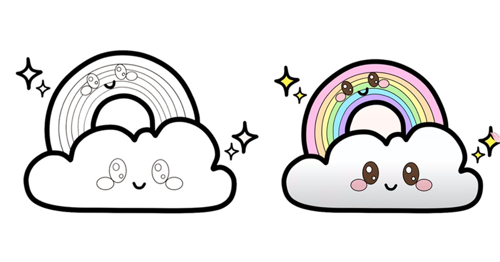 Dos nubes de dibujos animados con un vibrante arco iris arqueándose entre ellas, ilustradas con un estilo de dibujo divertido.