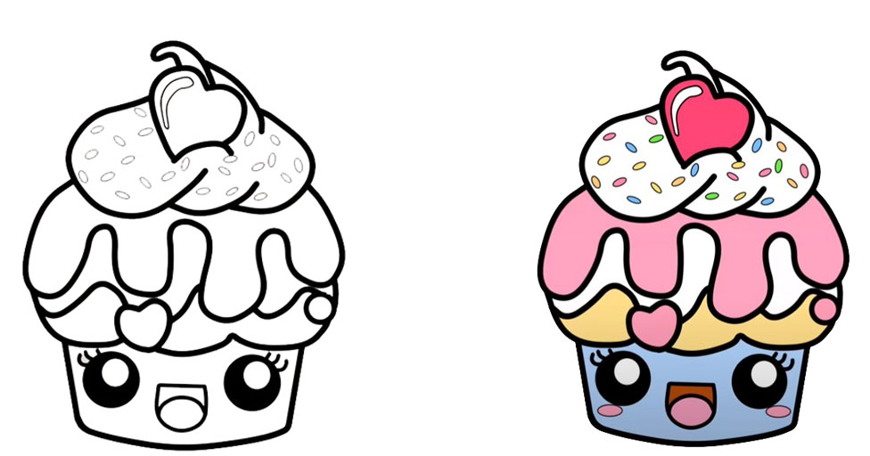 Una página para colorear que presenta dos cupcakes de dibujos animados, cada uno con diseños distintos, que fomentan actividades de dibujo imaginativas.