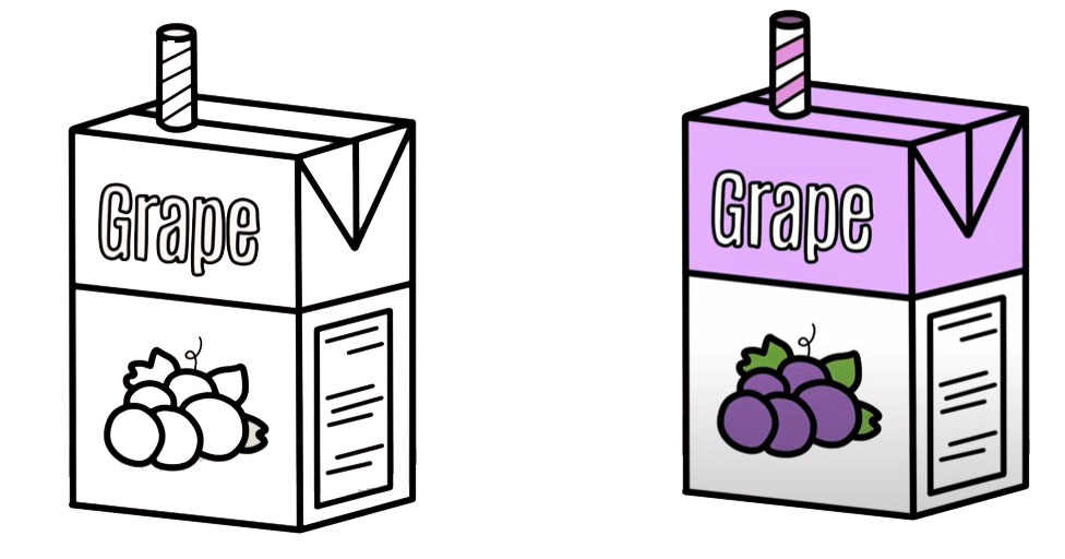 Cartoon juice cartons with grapes and juice on a coloring page.